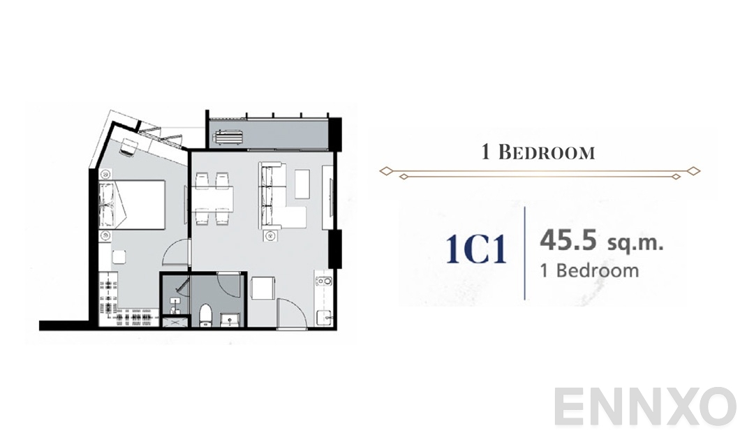 รูปแปลนห้อง 1 Bedroom 1C1 (45.5 ตร.ม.) ของโครงการ ศุภาลัย พรีเมียร์ สามเสน - ราชวัตร