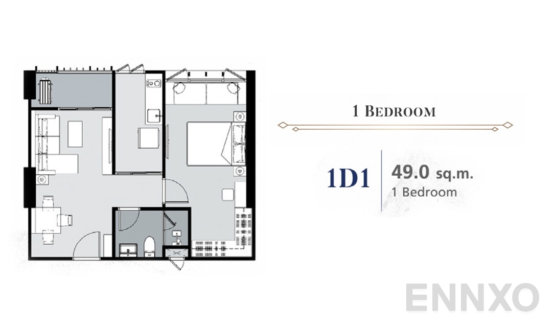รูปแปลนห้อง 1 Bedroom 1D1 (49 ตร.ม.) ของโครงการ ศุภาลัย พรีเมียร์ สามเสน - ราชวัตร