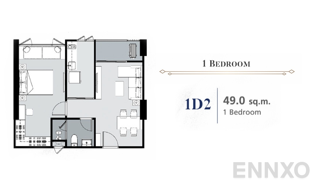 รูปแปลนห้อง 1 Bedroom 1D2 (49 ตร.ม.) ของโครงการ ศุภาลัย พรีเมียร์ สามเสน - ราชวัตร