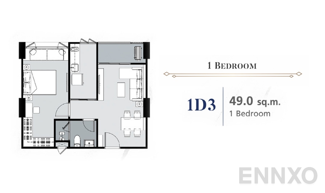 รูปแปลนห้อง 1 Bedroom 1D3 (49 ตร.ม.) ของโครงการ ศุภาลัย พรีเมียร์ สามเสน - ราชวัตร