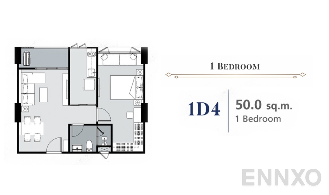 รูปแปลนห้อง 1 Bedroom 1D4 (50 ตร.ม.) ของโครงการ ศุภาลัย พรีเมียร์ สามเสน - ราชวัตร