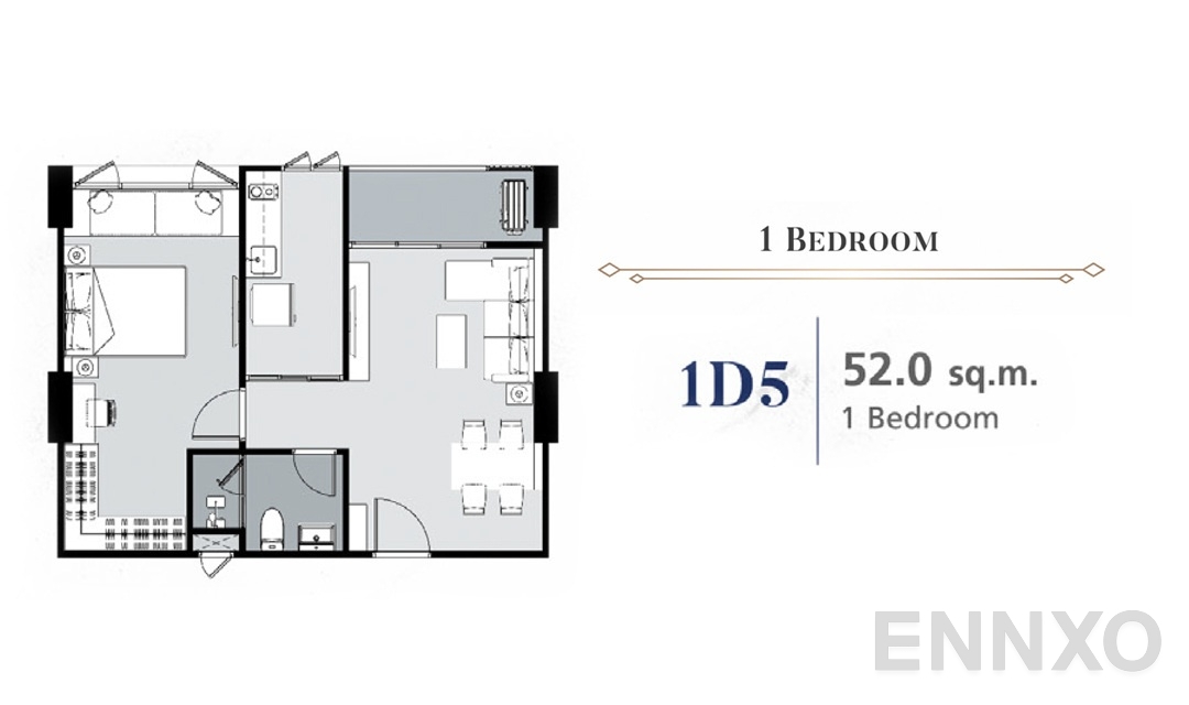 รูปแปลนห้อง 1 Bedroom 1D5 (52 ตร.ม.) ของโครงการ ศุภาลัย พรีเมียร์ สามเสน - ราชวัตร