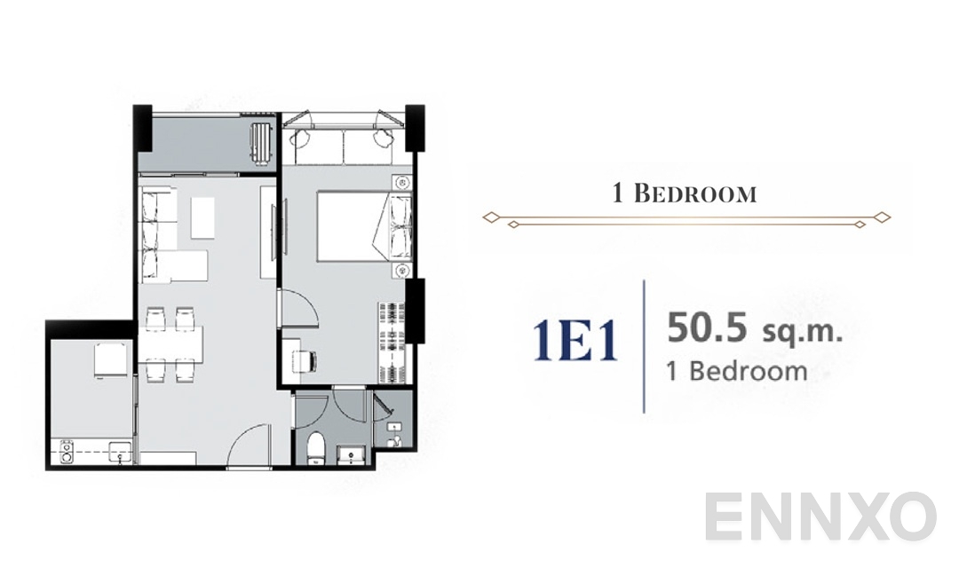 รูปแปลนห้อง 1 Bedroom 1E1 (50.5 ตร.ม.) ของโครงการ ศุภาลัย พรีเมียร์ สามเสน - ราชวัตร