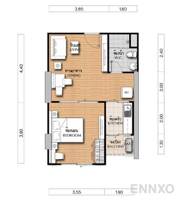 รูปแปลนห้อง 1 Bedroom ของโครงการ ศุภาลัย เวอเรนด้า รัชวิภา - ประชาชื่น