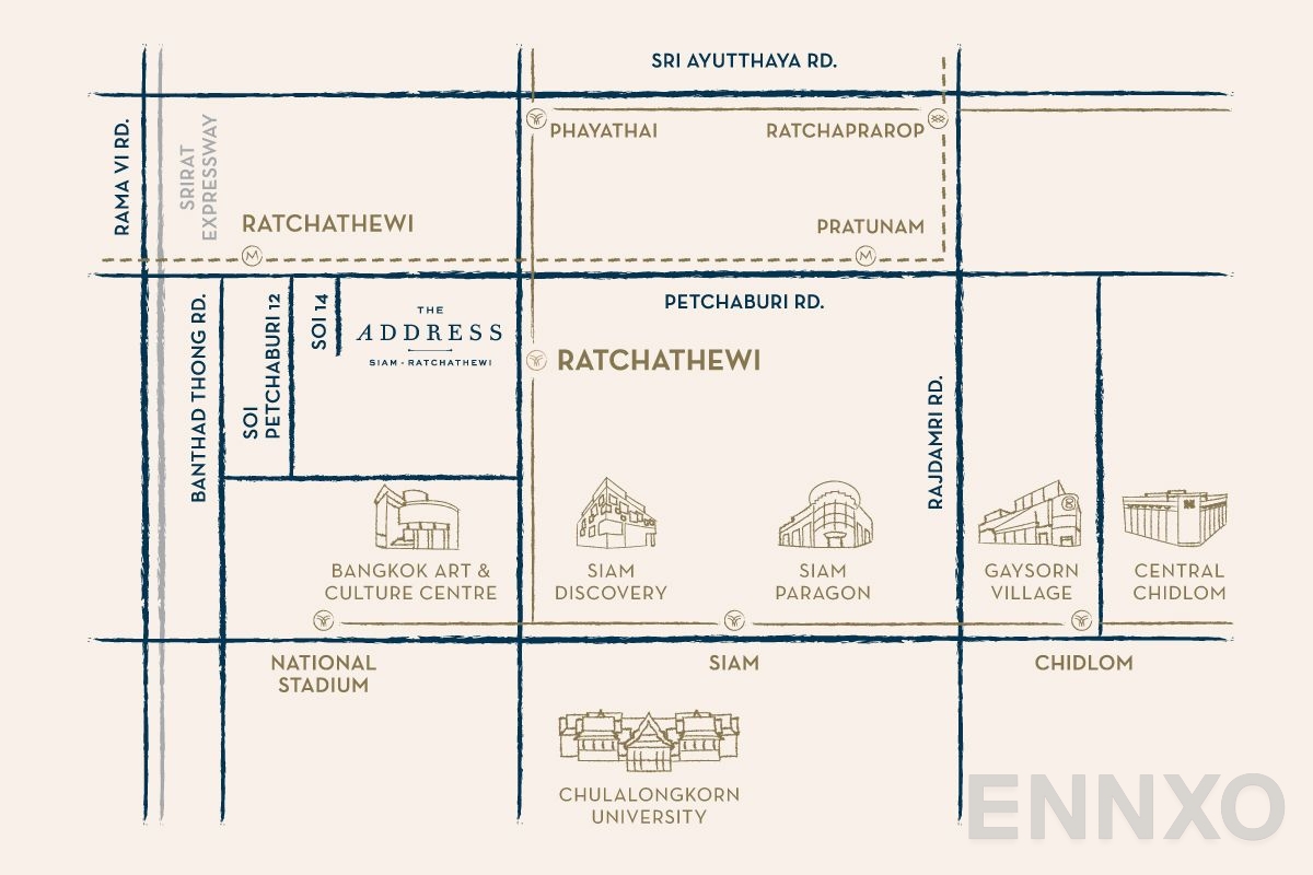 ภาพแผนที่แสดงที่ตั้งโครงการ The Address Siam Ratchathewi
(ดิ แอดเดรส สยาม-ราชเทวี) และสถานที่โดยรอบ