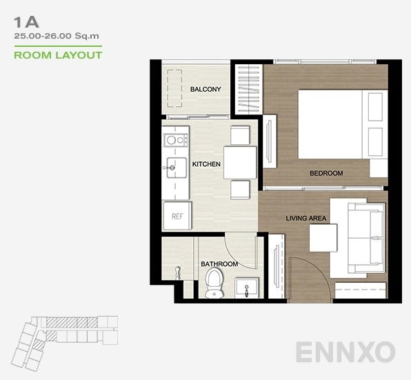 รูปแปลนห้อง 1 Bedroom ของโครงการ The Base Park East Sukhumvit 77