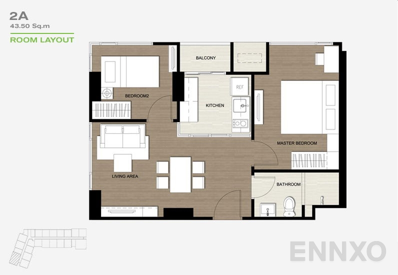 รูปแปลนห้อง 2 Bedrooms ของโครงการ The Base Park East Sukhumvit 77