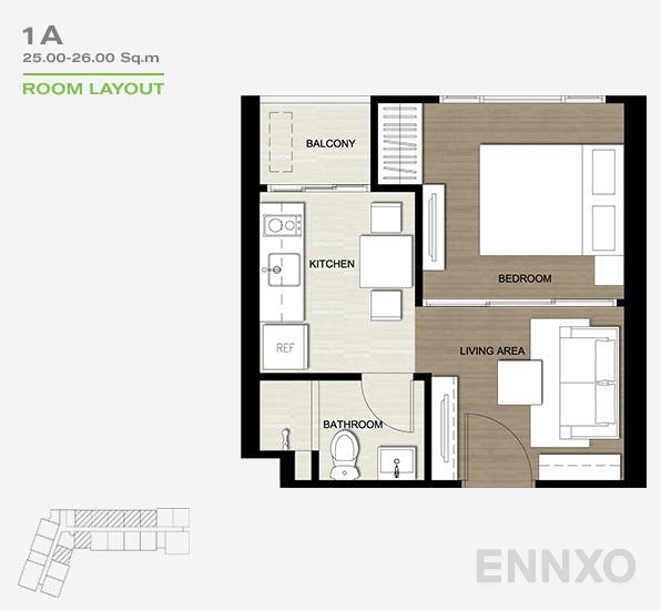 รูปแปลนห้อง 1 Bedroom ของโครงการ The Base Park West Sukhumvit 77