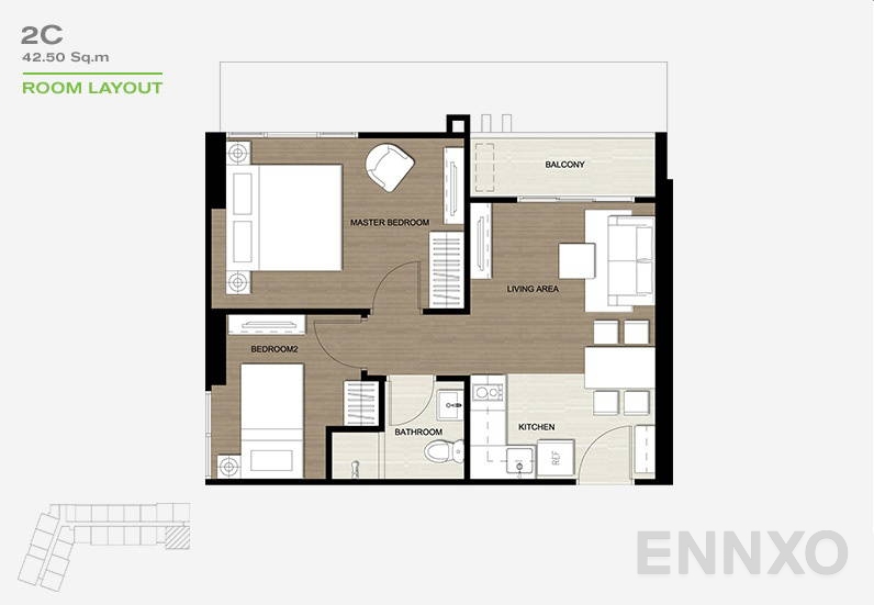 รูปแปลนห้อง 2 Bedrooms ของโครงการ The Base Park West Sukhumvit 77