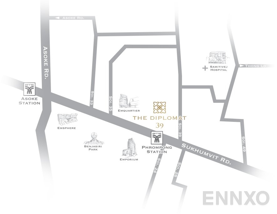 ภาพแผนที่แสดงที่ตั้งโครงการ The Diplomat 39 และสถานที่โดยรอบ