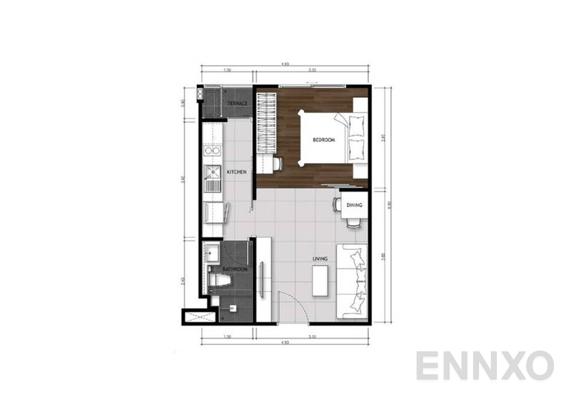 รูปแปลนห้อง 1 Bedroom ของโครงการ เดอะ เมโทรโพลิส สำโรง อินเตอร์เชนจ์