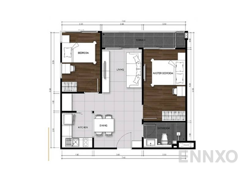 รูปแปลนห้อง 2 Bedroom ของโครงการ เดอะ เมโทรโพลิส สำโรง อินเตอร์เชนจ์