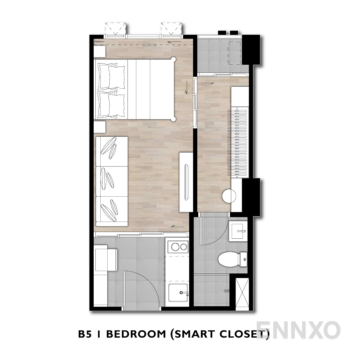รูปแปลนห้อง B5 1 BEDROOM (SMART CLOSET) ของโครงการ ดิ ออริจิ้น พหลฯ - สะพานใหม่