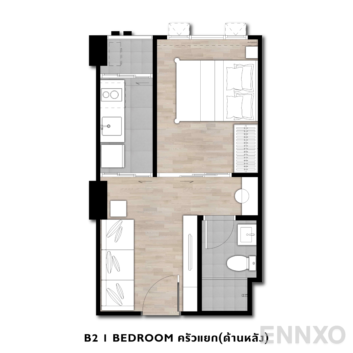 รูปแปลนห้อง B2 1 BEDROOM ครัวแยก(ด้านหลัง) ของโครงการ ดิ ออริจิ้น พหลฯ - สะพานใหม่