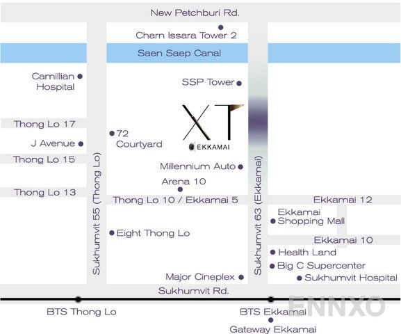 ภาพแผนที่แสดงที่ตั้งโครงการ XT Ekkamai
(เอ็กซ์ที เอกมัย) และสถานที่โดยรอบ