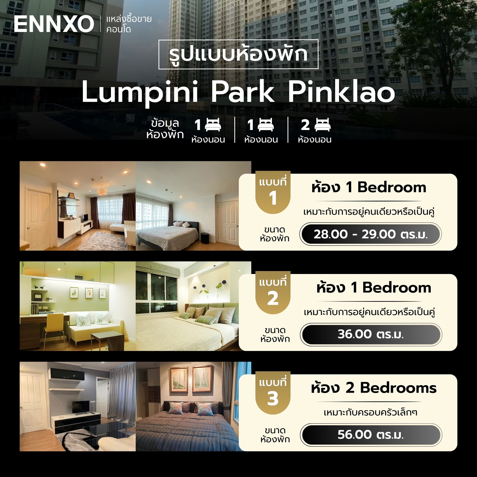 รูปแบบห้องพัก คอนโด Lumpini Park Pinklao